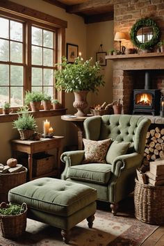 a living room filled with furniture and a fire place next to a brick wall covered in potted plants