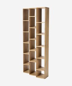 a wooden bookcase with six shelves on each side