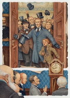 an illustration of a man standing in front of a group of people with a clock