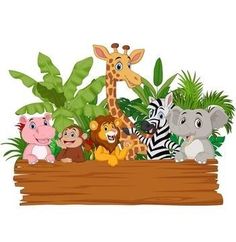 cartoon wild animals in the jungle on wooden signboard with green plants and palm leaves