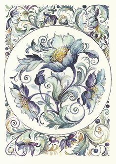 an ornate design with flowers and swirls in the center on a white paper background