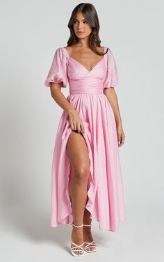 Dorothea Midi Dress - V Neck Puff Sleeve Ruched Bust in Pink | Showpo USA Cheap Spring Midi Dress With Puff Sleeves, Cheap Printed Pink Midi Dress, Cheap Summer Midi Dress With Puff Sleeves, Cheap Pink Dress With Ruffle Sleeves, Pink Dress With Tumpet Sleeves, White Dress With Pink Shoe, Rose Pink Dress With Sleeves, Cheap Pink Half Sleeve Dress, Pink Plus Size Maxi Dress