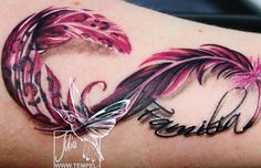 a woman's arm with tattoos on it and the words family written in cursive writing