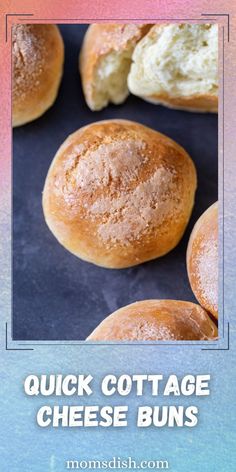 some breads with powdered sugar on them and the words quick cottage cheese buns