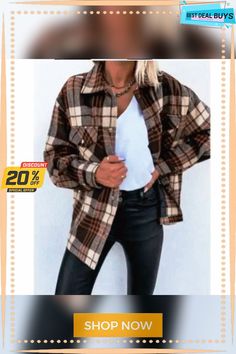 Women's Long-sleeved Plaid Print Mid-length Shirt Jacket Cotton Shacket For Fall, Fall Cotton Shacket, Plaid Long Sleeve Top For Fall, Trendy Relaxed Fit Long Sleeve Shacket, Fall Cotton Single-breasted Tops, Casual Single Breasted Tops For Fall, Plaid Long Sleeve Outerwear For Fall, Casual Single-breasted Top For Fall, Trendy Fall Shacket With Lapel Collar