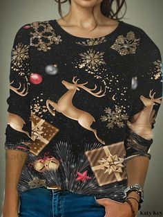 Katykey - Womens Plus Size Festive Christmas Casual T-shirt: Golden Deer & Snowflake Print Long Sleeve Crew Neck Top with Slight Stretch Black Holiday Tops For New Year, Casual Festive Tops For New Year, Black Crew Neck Top For New Year, New Year's Graphic Print Crew Neck Tops, New Year Graphic Print Crew Neck Tops, Casual Black Tops For New Year, Festive Crew Neck Tops With Graphic Print, Festive Graphic Print Crew Neck Tops, Graphic Print Tops For New Year Holiday