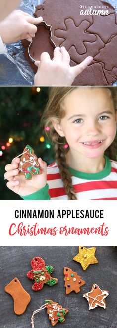 a collage of christmas ornaments, cookies and cinnamon applesauce