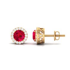 Product Details Elevate your style with these chic Halo Earrings. Made of glamorous Gold, the Stud Earrings feature a stunning Round Shape Created Ruby at the center, surrounded by a sparkling halo of Brilliant cut Diamond. The secure screw backs make these Created Ruby Earrings comfortable to wear all day. Give the perfect Valentines Day gift to your loved one with these mesmerizing Classic Earrings and see her face light up with joy. Product Information SKU SHP-EARRINGS032210928 Length 8.3 mm Luxury Ruby Earrings With Halo Design, Classic Ruby Earrings With Halo Design, Classic Ruby Halo Earrings, Classic Ruby Halo Design Earrings, Ruby Halo Setting Earrings In Fine Jewelry, Ruby Halo Setting Earrings Fine Jewelry, Ruby Halo Earrings In Fine Jewelry Style, Ruby Earrings With Halo Setting In Fine Jewelry, Ruby Halo Setting Earrings