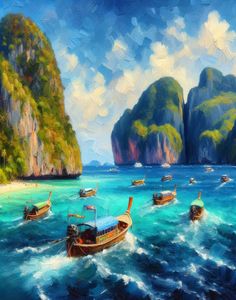 an oil painting of boats in the ocean with mountains and cliffs behind them, on a sunny day