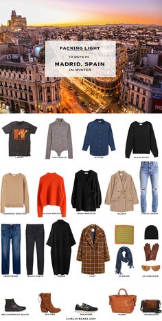 an overview of the different types of clothing and accessories in madrid, spain with text overlay