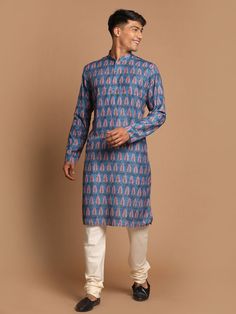 Vastramay Men's Blue Ethnic Kurta with Cream Pyjama Set Blue Kurta, Comfortable Outfit, Ethnic Design, The Cream, Hot Outfits, Full Sleeves, Low Iron, Pyjama Set, Mandarin Collar