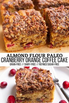 a close up of a cake on a plate with cranberry orange coffee cake