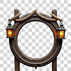 a circular wooden frame with two lanterns on the top and rope hanging from it's sides