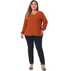 Made from 100% polyester, this flowy shirt offers a luxurious and comfortable feel. Whether you're attending a casual outing or a formal event, this versatile blouse is suitable for any occasion. Its trendy V-neck design adds a touch of elegance, perfect for both day and night looks. Crafted with meticulous attention to detail, this long-sleeved blouse features a pleat front design that adds dimension and uniqueness to your ensemble. The special lantern sleeves with elastic cuffs enhance the cas Brown V-neck Blouse For Office, Long Sleeve Blouses, Plus Size Work, Flowy Shirt, Sleeve Packaging, Hem Style, Night Looks, Dressy Casual, Lantern Sleeves