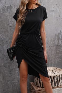 Black Side Shirring Short Sleeve Mini Dress Carolina Dress, Asymmetrical Hem Dress, Short Sleeve Mini Dress, Black Side, Types Of Dresses, Comfortable Dress, Style Chic, Asymmetrical Hem, Mini Dress With Sleeves