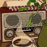 a painting of a coffee cup next to an old radio with a plant growing out of it