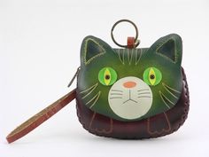 "Handmade leather cat  wristlet coin purse.  It has a sturdy zipper and magnetic snap shut closure with a wristlet strap &key chain ring attached.  wristlet strap is around 5\" long" Cute Everyday Cat Design Coin Purse, Cute Cat Design Coin Purse For Everyday, Cute Cat Design Coin Purse For Everyday Use, Rectangular Wallets With Cat Design For Everyday Use, Green Purse, Coin Purse Wallet, Leather Cowboy Boots, Feb 8, Happy Cat