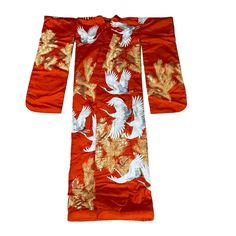 This Vintage Japanese Silk Embroidered Wedding Kimono Features A Beautiful Crane Design In Orange And Gold. The Intricate Embroidery Showcases The Handmade Craftsmanship Of Japanese Culture. The Provenance Of This Kimono's Ownership History Is Not Available, But It Was Made In Japan. The Uchikake Style Is Traditionally Worn Over A Bride's Kimono During A Japanese Wedding Ceremony. It Is A Stunning Piece Of Collectible Art And A Testament To The Rich Cultural Heritage Of Japan. This Kimono Is Perfect For Collectors Of Asian Cultures And Ethnicities. This Kimono Is Very Heavy! The Metallic Scenery With The Lovely 3-D Cranes Bring So Much Life Into This Piece! It Is Beautiful And In Excellent Japanese Wedding Ceremony, Bride Kimono, Crane Design, Japanese Wedding, Wedding Kimono, Orange And Gold, Japanese Silk, Embroidered Wedding, Intricate Embroidery