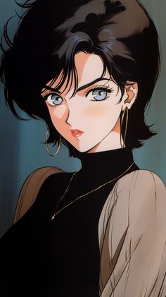 an anime character with blue eyes and black hair, wearing a black turtle neck top