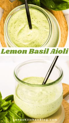 lemon basil aioli in a glass jar and on a cutting board with basil leaves