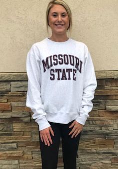 Champion Missouri State Bears Mens Grey Reverse Weave Long Sleeve Crew Sweatshirt - 14752075 Collegiate Relaxed Fit Tops For Campus, Collegiate Style Relaxed Fit Top For Campus, Collegiate Fall Top For Campus, Sporty Cotton Top For Campus, Relaxed Fit Cotton Tops For Campus, Cotton Tops For Campus In Fall, Cotton Tops For Campus Wear In Fall, Heather Grey Crew Neck Fan Apparel Top, Heather Grey Crew Neck Top Fan Apparel