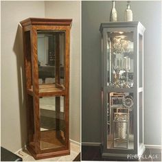 two pictures side by side one has a grandfather clock and the other has a glass case