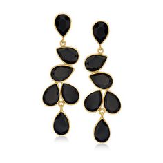 Ross-Simons - Black Onyx Drop Earrings in 18kt Gold Over Sterling. The perfect pair for that black tie event. Pear-shaped 7x10mm black onyx tumble downward in these chic and sophisticated drop earrings crafted in 18kt yellow gold over sterling silver. Hanging length is 1 7/8". Post/clutch, black onyx drop earrings. Essential Jewelry, Jewelry Presentation, Emerald Earrings Drop, Onyx Colour, Gemstone Drop Earrings, Black Onyx Bracelet, Jewelry Styles, Black Onyx Necklace, Clutch Black