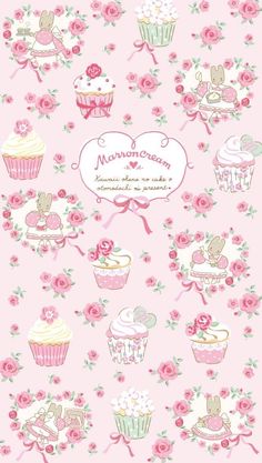 a pink wallpaper with cupcakes and flowers on the bottom, in different colors