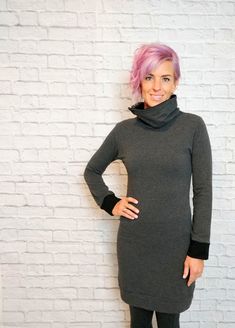 This cowl neck sweatshirt dress is perfect for winter. Made out of an organic cotton blend french terry, this women's sweater dress is super soft and super stylish. This organic cotton tunic is fitted and has an over sized cowl neck in gray that has 4 small buttons on the side. The cowl neck on this color block tunic is lined in a heather gray organic sweatshirt fabric. it is finished with banded cuffs in the same gray fabric and a banded hem in matching fabric. this will be your favorite piece Fall Cotton Sweatshirt Dress For Loungewear, Cotton Sweatshirt Dress For Fall Loungewear, Cotton Sweatshirt Dress For Loungewear In Fall, Cotton Sweatshirt Dress For Winter Loungewear, Winter Cotton Sweatshirt Dress For Loungewear, Fitted Long Sleeve Sweatshirt Dress For Fall, Cotton Long Sleeve Sweater Dress For Fall, Cotton Long Sleeve Sweater Dress, Stretch Sweater Dress For Winter Loungewear