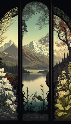 three windows with flowers and mountains in the background, each one has an oval window pane