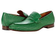 Massimo Matteo Ponte Vecchio Woven Penny - Men's Shoes : Light Green : The Massimo Matteo Ponte Vecchio Woven Penny is a leather dress shoe that will bring your professional wardrobe to life with a vibrant pop of color! Slip-on loafer features penny strap and closed, rounded toe. Leather lining, insole, and sole. Low stacked heel. Made in Italy. Measurements: Weight: 13 oz Product measurements were taken using size 9, width D - Medium. Please note that measurements may vary by size. Weight of fo Green Formal Slip-ons With Round Toe, Green Business Loafers With Leather Sole, Green Dress Shoes With Rubber Sole For Office, Office Green Dress Shoes With Rubber Sole, Green Office Dress Shoes With Rubber Sole, Green Plain Toe Leather Shoes For Work, Spring Wingtip Loafers With Leather Sole, Spring Wingtip Slip-on Dress Shoes, Semi-formal Slip-on Oxfords For Spring