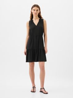 Sleeveless Splitneck Mini Dress | Gap Factory Casual Sleeveless Tiered Dress For Daywear, Elegant Sleeveless Tiered Dress For Daywear, Flowy Sleeveless Tiered Dress With Smocked Back, Elegant Sleeveless Tiered Dress With Ruched Detail, Casual Sleeveless Tiered Dress With Ruched Detail, Casual Sleeveless Ruched Tiered Dress, Flowy Ruched Sleeveless Tiered Dress, Sara Dress, Cross Front Dress