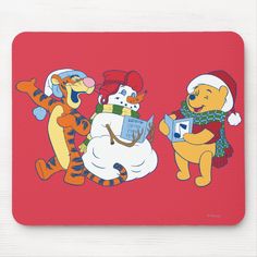 winnie the pooh and tigger christmas card with snowman, santa hat and scarf