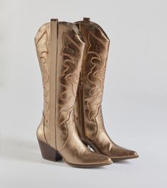 Giddy up and get struttin' in these faux leather cowboy boots for your fashion standoff at high noon! They feature an on-trend pointed-toe, a stacked block heel, inner zipper closure, and an under-the-knee shaft length with western-inspired stitching. Complete the look in a cowboy hat for a concert or bar!Fit & Features3" Block stacked heelPointed toeInner zipper closureUnder the knee length shaftWestern-inspired stitchingFaux leather materialRuns a half size small, recommend to size up Pointed Toe Knee-high Boots For Western-themed Fall Events, Western Wide Calf Faux Leather Heeled Boots, Trendy Fall Mid-calf Boots For Rodeo, Trendy Mid-calf Boots For Fall Rodeo, Trendy Fall Mid-calf Rodeo Boots, Western Heeled Boots In Faux Leather With Pointed Toe, Western Style Faux Leather Heeled Boots With Pointed Toe, Trendy Faux Leather Snip Toe Boots, Fall Rodeo Mid-calf Boots With Pointed Toe