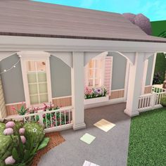 an animated house with flowers and plants in the front yard