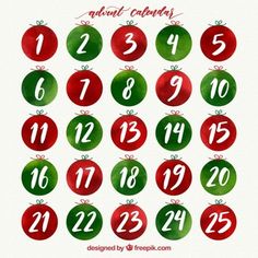 a christmas calendar with red and green ornaments on it's sides, including the number twenty