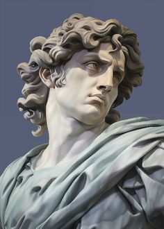 a close up of a statue of a man with curly hair and wearing a scarf