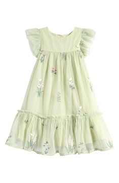 Laura Ashley Kids' Floral Embroidered Ruffle Mesh Dress available at #Nordstrom Toddler Floral Dress, Princesa Sophia, Mesh Party Dress, Big Girl Dresses, Cotton Frocks, Designer Party Dresses, Kids Lehenga, Kids Frocks