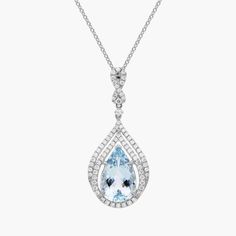 Instantly elevate your style with this stunning pendant featuring a gorgeous pear-cut light blue aquamarine surrounded by a graceful tiered double diamond halo. The 14k white gold complements the cool tones of the stone with its soft gleam. Light Blue Diamond Necklace, Formal Light Blue Diamond Necklace, Elegant Light Blue Drop Jewelry, Elegant Light Blue Diamond Necklace, Spiderverse Dr, Blue Diamond Necklace, Precious Gemstones Jewelry, Double Diamond, Halo Pendant