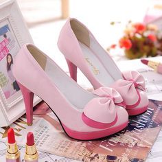 Fabric Material:Pu Leather Heel:10cm/3.94" Color:Pink,Black,White Pastel Bows, Pink High Heels, Slip On Pumps, Bow Heels, Pink Heels, Pump Dress, Pink Shoes, Pretty Shoes, Heels Shoes