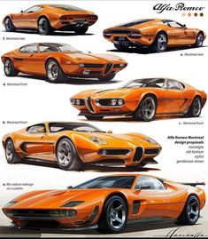 an orange sports car is shown in three different views, including the front and back