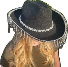 Adjustable Rhinestone Fringe Hat For Festivals, Adjustable Festival Hats With Rhinestone Fringe, Festival Hat With Rhinestones And High Crown, Festival Hats With Rhinestones And High Crown, Festival Hats With Rhinestones And Short Brim, Festival Fedora Hats With Rhinestones, Brimmed Party Hats With Rhinestones, Party Hat With Rhinestones And Flat Brim, Bridesmaid Accessories