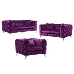 three purple velvet sofas and two chairs