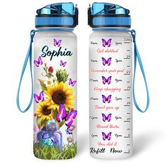 a water bottle with a sunflower and butterflies on it