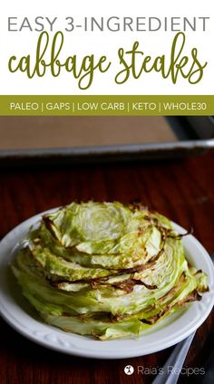 cabbage steaks on a plate with text overlay