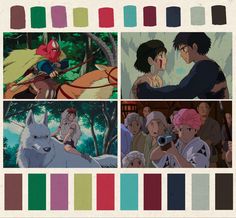 Vivid spring color palette for the ninties anime Miyazaki film Princess Mononoke miyazaki princess animr japan animated color colour colorpallete aesthetic cinematography ghibli Princess Mononoke Color Palette, Fantasy Color Palette Concept Art, Animation Color Palette, Ghibli Color Palette, Anime Color Palette, Fantasy Color Palette, Japan Animated, Aesthetic Cinematography