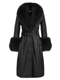 Color: Black Faux Fur Collar Material: Sheepskin Fully Lined Belt Included Lining: Polyester Single Breasted Sample Size: S Delicate dry clean Protect accessory before washing Our Style No. ZC_Faux Fur Genuine Leather Coat in Black Made-to-order (MTO) style Please allow additional 3-5 days for MTO order to be processed Luxury Black Sheepskin Fur Coat, Elegant Black Fur Coat With Faux Fur Trim, Black Leather Fur Coat With Faux Fur Trim, Winter Evening Leather Outerwear, Leather Outerwear For Winter Evenings, Leather Outerwear For Evening In Winter, Fitted Black Faux Fur Coat, Chic Black Sheepskin Fur Coat, Elegant Black Sheepskin Fur Coat