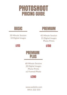 the pricing sheet for photoshopping guide