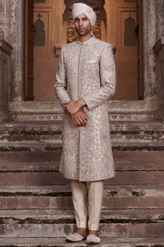 Matsya Men-Light Salmon Pink Sherwani And Kurta Set-INDIASPOPUP.COM Luxury Pink Sherwani For Diwali, Pink Sherwani, Dori Work, Wedding Kurta For Men, Modern Groom, Light Salmon, Men Cream, Salmon Pink, Kurta Set