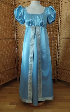 Tailored, Satin Dress,18th Century Gown,made to Order,made to Measure,taylor Made, Empire Dress - Etsy Fitted Silk Victorian Dress In Regency Style, Historical Satin Dress, Regency Style Fitted Victorian Silk Dress, Blue Regency Gown, Blue Regency Style Victorian Dress, 1800 Dresses, Old Gowns, 18th Century Gown, Cute Asian Babies